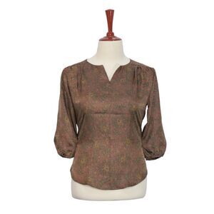 Womens Silky Blouse Floral Brown Red Green 3/4 Sleeve V-Neck Casual Top Large